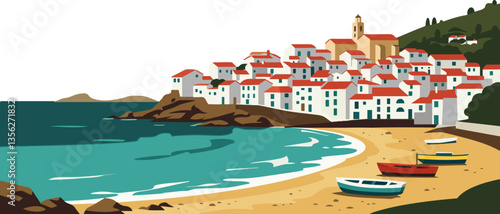 Coastal village with white buildings and red roofs nestled along a sandy beach and turquoise sea. vector illustration