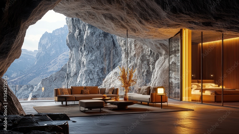Obraz premium Modern Cave Living Room with Stunning Mountain View and Natural Light