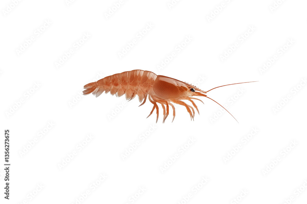 Small, tan shrimp is swimming in the water, isolated Small, tan shrimp is swimming in the water, isolated