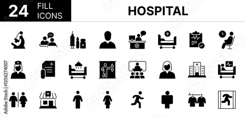 Collection of 24 Hospital fill icons featuring editable strokes. These outline icons depict various modes of Hospital, icon, medical, stroke, doctor, hospital, set,
