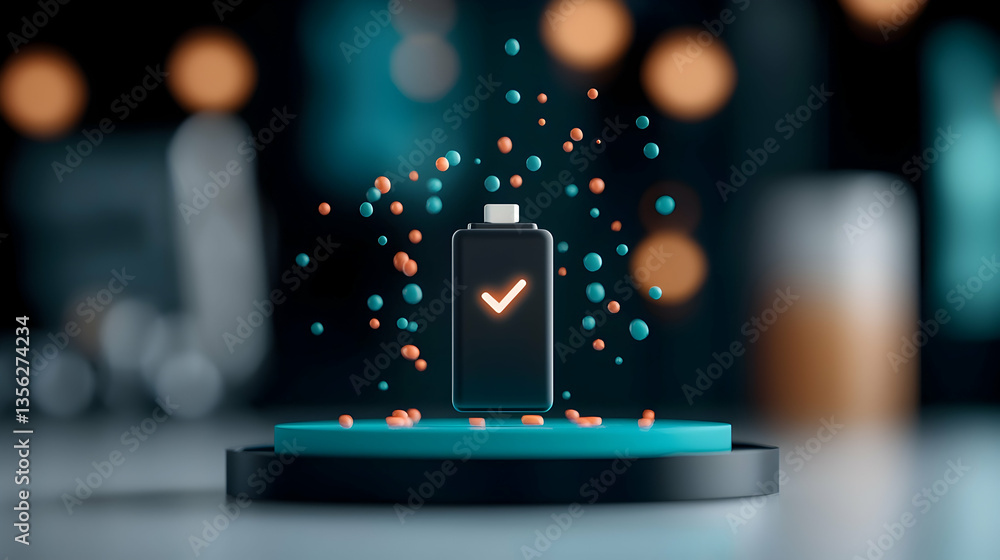 Abstract 3D Rendering of a Charging Battery with Check Mark Abstract 3D Rendering of a Charging Battery with Check Mark