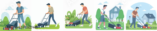 Vector of a person mowing the lawn.