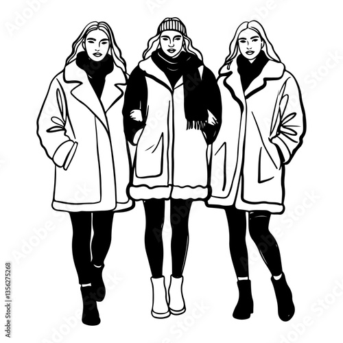 Group of individual girls dressed in winter clothing, including coats, scarves, and boots. vector illustration