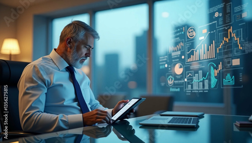 Financial professional analyzes data using modern technology in a high rise office