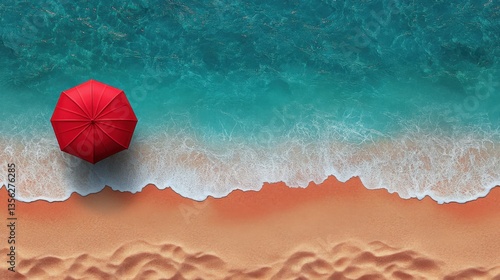 A surreal aerial beach view showcasing a red umbrella and a solitary figure on pink sand. The orange shoreline meets the turquoise water, with gentle waves creating abstract patterns.