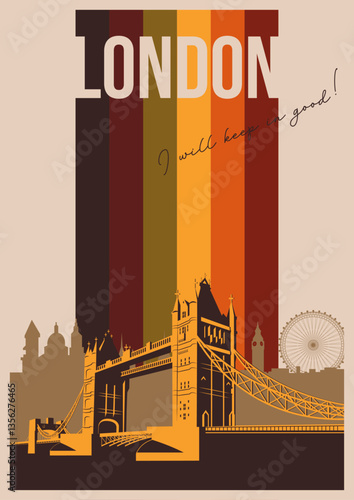 London Sight Tower Bridge and Cityscape, 1970s Color Lines Postcard, Main London's Landmark Poster
