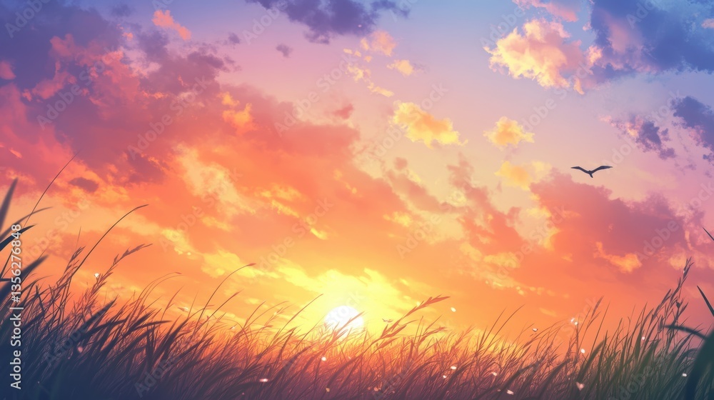 Fototapeta premium Sunset over grassy field, vibrant colors in sky, nature scenery, tranquil atmosphere, outdoor beauty, meditation space, perfect for wellness and relaxation themes.