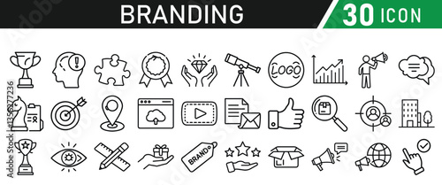 Branding icon set liner style. Containing marketing, product, design, brand development, social media, and advertising icons. Solid icons collection.