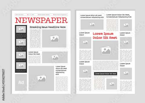 News column articles newsprint magazine design. Newspaper layout template. Brochure newspaper sheets. Editorial journal vector template design