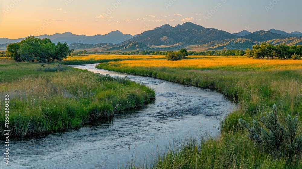 Serene river winding through golden grassland plains at sunset, with distant mountains. Serene river winding through golden grassland plains at sunset, with distant mountains.