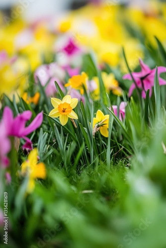 Colorful spring flowers blooming in a vibrant garden, daffodils and tulips in yellow and pink, symbolizing renewal, Easter celebrations, and natural beauty.