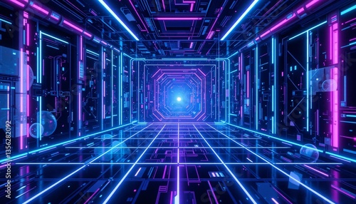 Futuristic Cyberpunk Neon Tunnel with Sci-Fi Technology Glow - High-Resolution Background