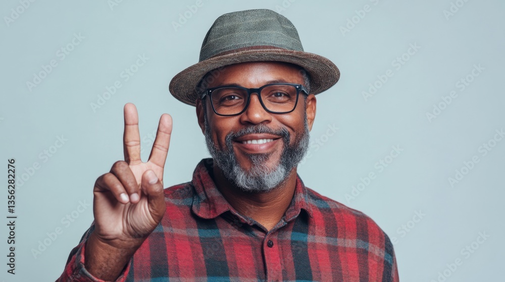 Smiling man gives peace sign Smiling man gives peace sign