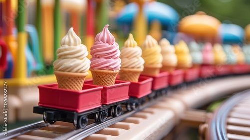 Wallpaper Mural Colorful toy train transports ice cream cones along a track in a whimsical setting, evoking fun and nostalgia. Torontodigital.ca