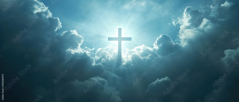 Fototapeta premium Sunlight breaking through clouds with a cross silhouette, symbolizing hope, faith, spirituality, Christianity, Easter, divine light, heavenly atmosphere.
