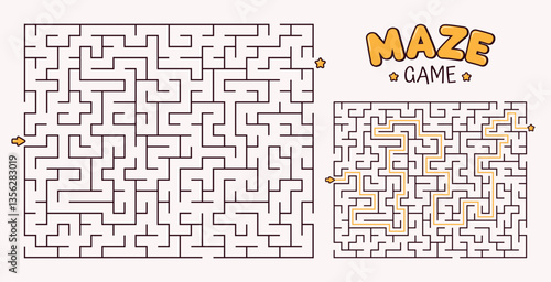 Rectangular minimalist maze puzzle game in children's style. Logic labyrinth game for brain teasers for kids. Vector illustration with editable outline.
