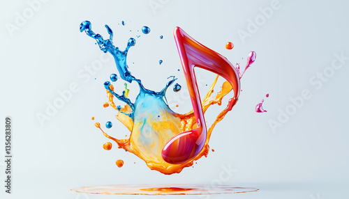 A splash of colorful paint forming the shape of a music note.  Generative AI.