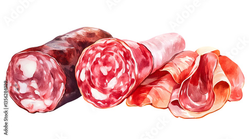 Watercolor painting of salami sausages and sliced ham on a transparent background