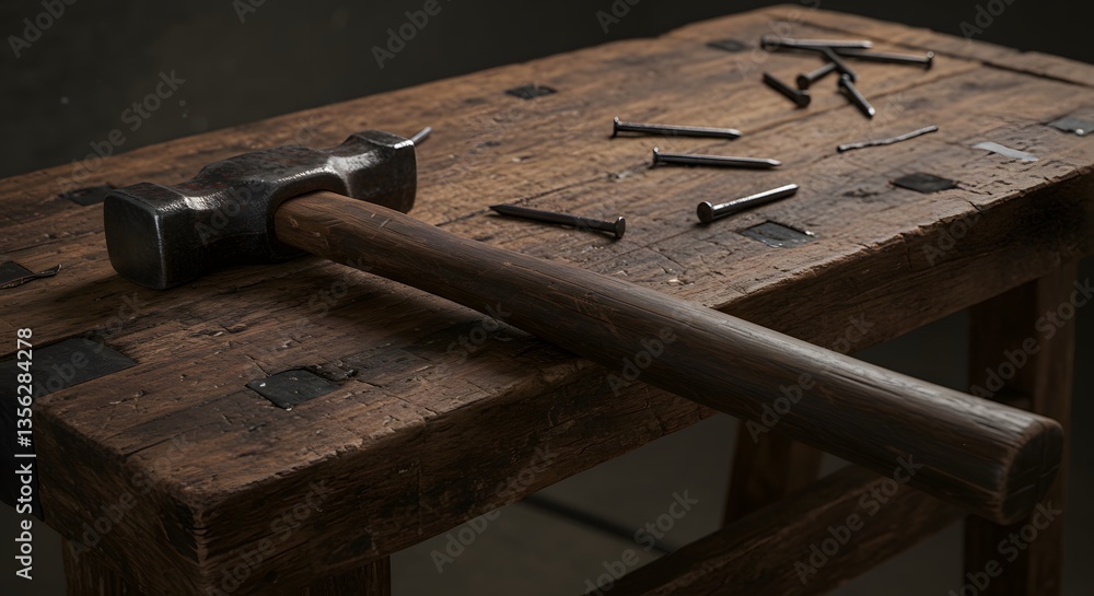 Rustic Workshop Scene with Hammer and Nails Rustic Workshop Scene with Hammer and Nails