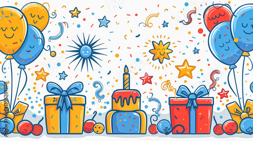 Colorful birthday celebration with cake gifts and balloons..