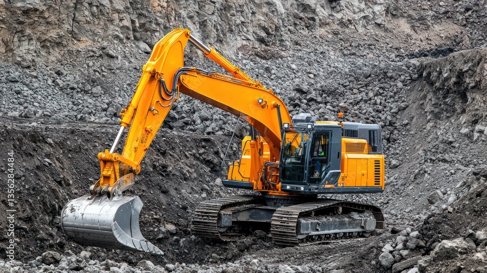 Construction worker operating excavator at a dig site heavy machinery work outdoor environment ground-level view Construction worker operating excavator at a dig site heavy machinery work outdoor environment ground-level view