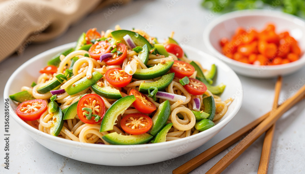 Vibrant vegetable stir-fry in bowl with chopsticks, fresh detox meal Vibrant vegetable stir-fry in bowl with chopsticks, fresh detox meal