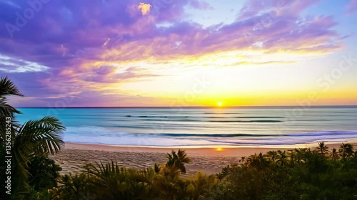 View from hotel window to picturesque tropical sunset landscape with colorful sea waves, white sand and palm trees