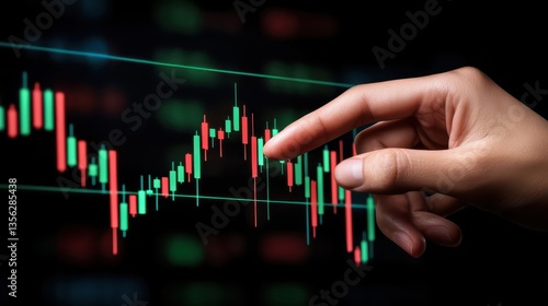 Analyzing financial market trends, hand navigating stock chart for investment insights