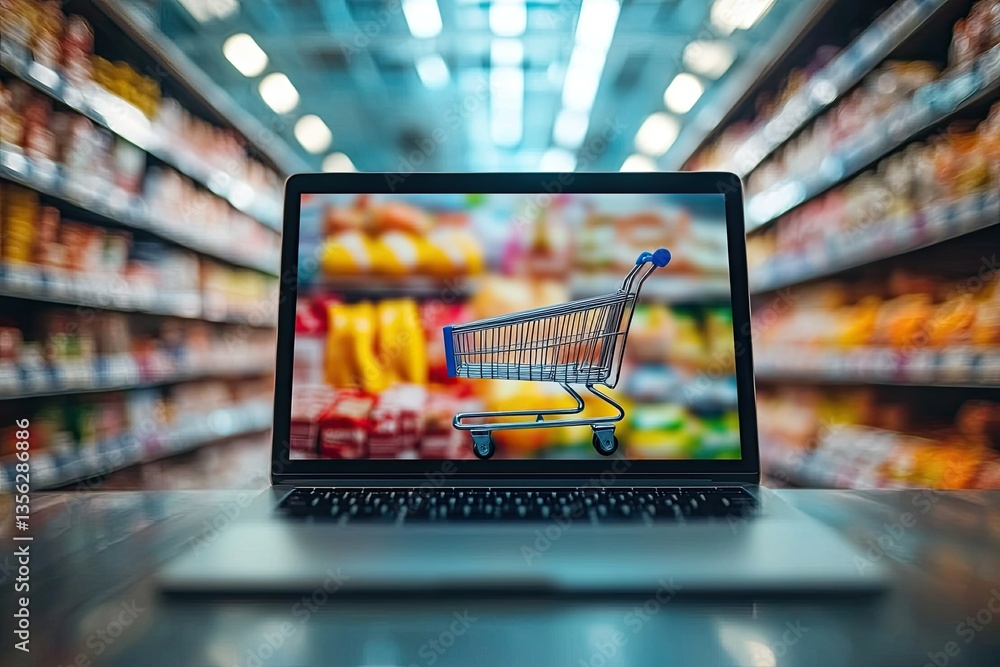 Online grocery shopping experience on a laptop. A laptop computer displays a virtual shopping cart in a blurry supermarket background Online grocery shopping experience on a laptop. A laptop computer displays a virtual shopping cart in a blurry supermarket background