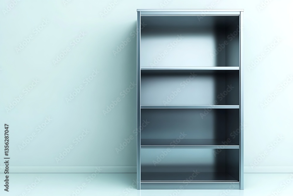 Empty metal bookcase against light blue wall Empty metal bookcase against light blue wall