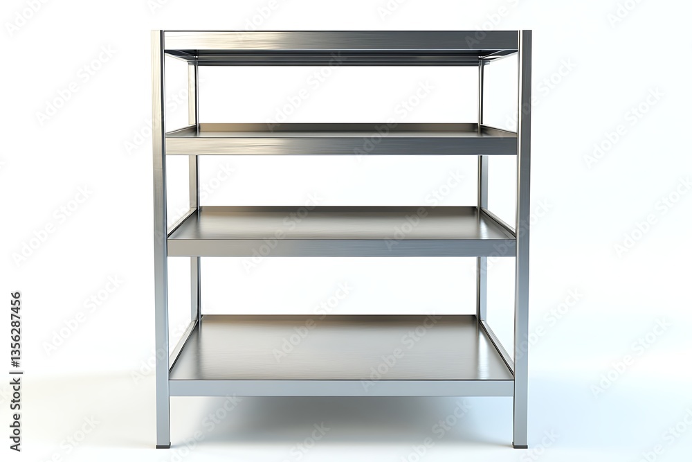Stainless steel shelving unit, 4 tiers, studio shot, for kitchen, storage, or commercial use Stainless steel shelving unit, 4 tiers, studio shot, for kitchen, storage, or commercial use