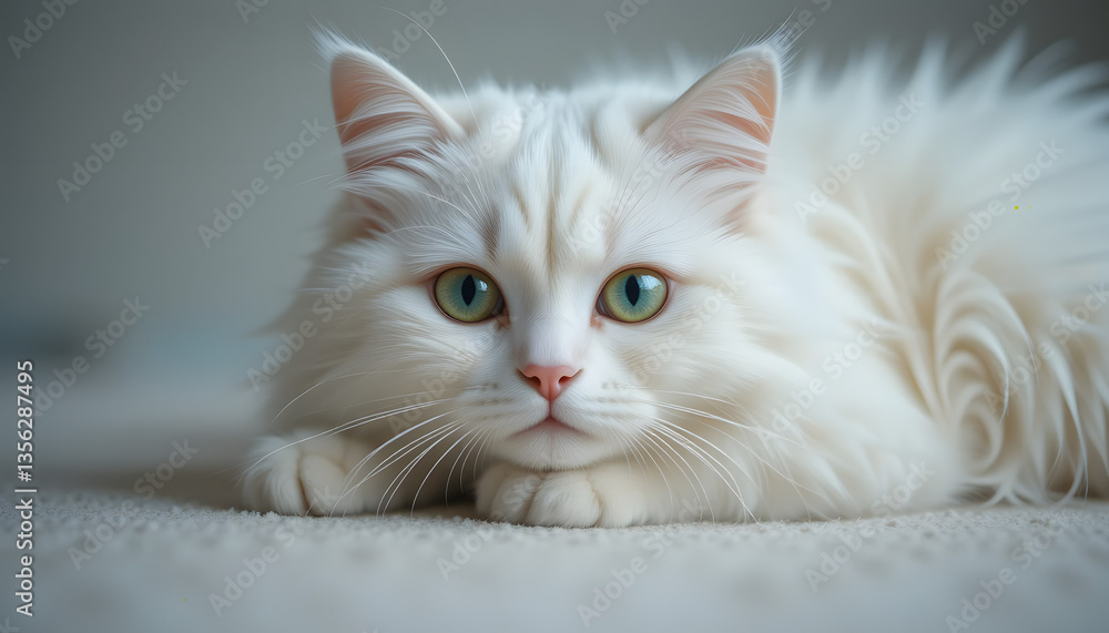 Obraz premium A fluffy white cat lies on a light-colored surface its large green eyes