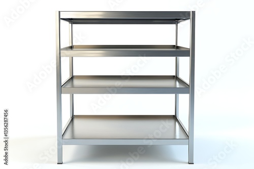 Stainless steel shelving unit, 4 tiers, studio shot, for kitchen, storage, or commercial use