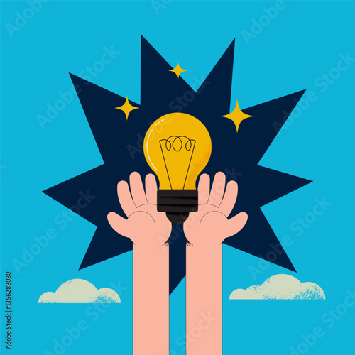 Hand holding light bulb. Sustainable Business ideas and creative concept. Flat vector illustration.