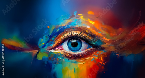 Vibrant, abstract eye art with bold brushstrokes in vivid blue, gold, orange, and red hues against a dark backdrop.  A captivating and colorful vision.