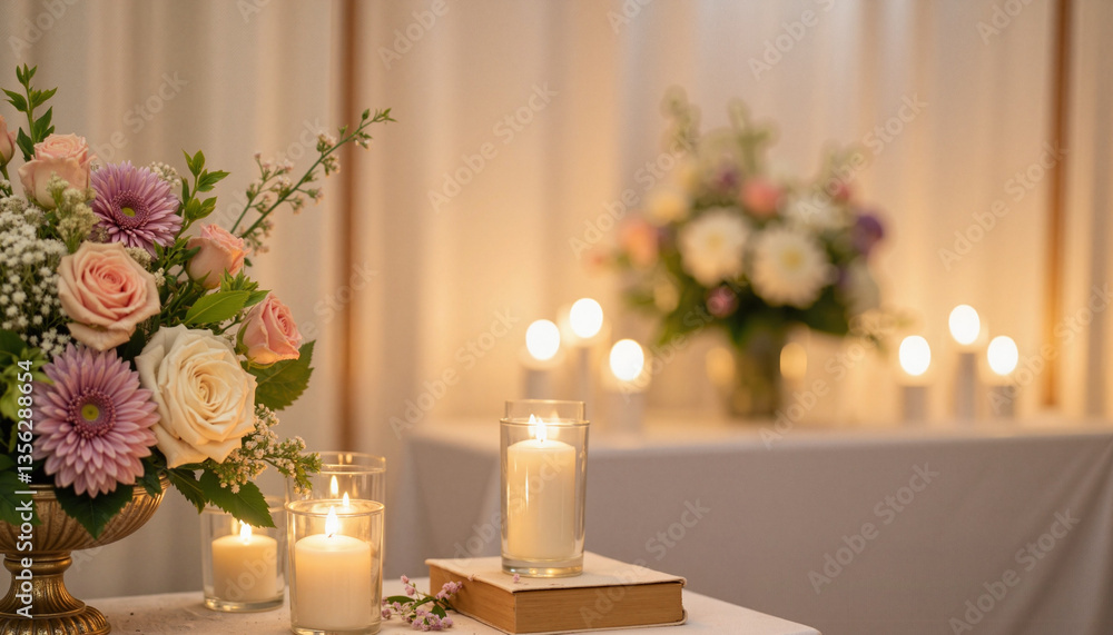 Obraz premium Elegant funeral altar arrangement with candles and flowers, honoring memory
