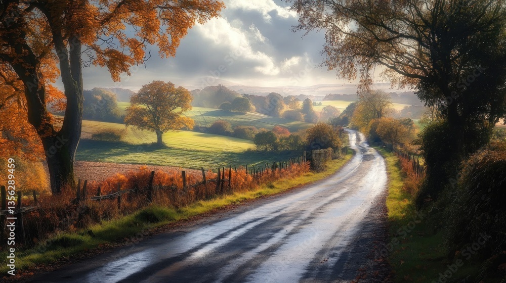 Obraz premium Autumnal road scene with luminous sky and colorful foliage backdrop