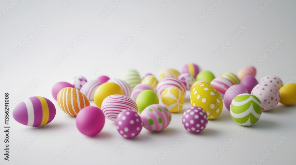 Fototapeta premium Colorful Easter eggs, decorated with patterns and vibrant shades, ideal for spring celebrations, holiday decorations, family gatherings, festive traditions, and crafts.