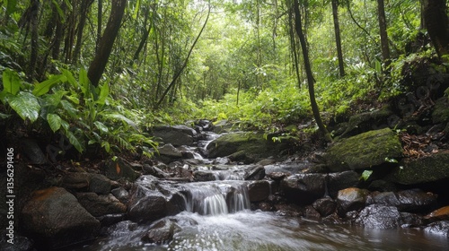 Serene jungle stream cascading over mossy rocks with lush vegetation