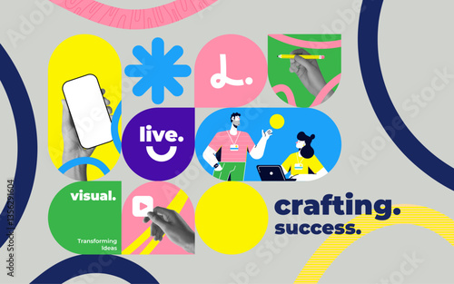 Fashionable halftones collage business concept. Concept of idea, financial profit, Digital marketing. Trendy modern retro illustration in bright trendy colors. Business concept, financial planning