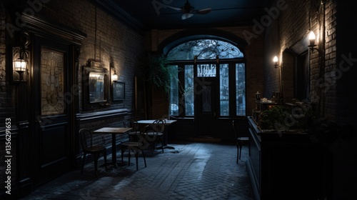 Dark and Mysterious Interior of an Old Brick Building with Vintage Furniture and Lighting