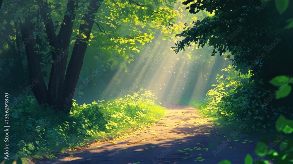 Obraz premium Sunlight filtering through a tranquil forest path in a dreamy illustration