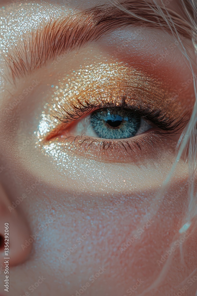 Fototapeta premium Close-up of a stunning blue eye with sparkling golden eyeshadow, enhanced by the gentle glow of light, showcasing beauty and creativity.