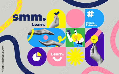 Geometric collage of diverse people, active users or bloggers, influencers creating selling content, sharing with their followers, with like, comment, save icons below. Art collage, Modern art collage