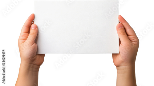 kid hands hold and show a blank white sheet