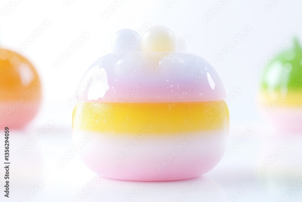 Multi-layered colorful jelly dessert. Delicate pastel shades of pink, yellow, and white layered sweets, topped with translucent orbs Multi-layered colorful jelly dessert. Delicate pastel shades of pink, yellow, and white layered sweets, topped with translucent orbs