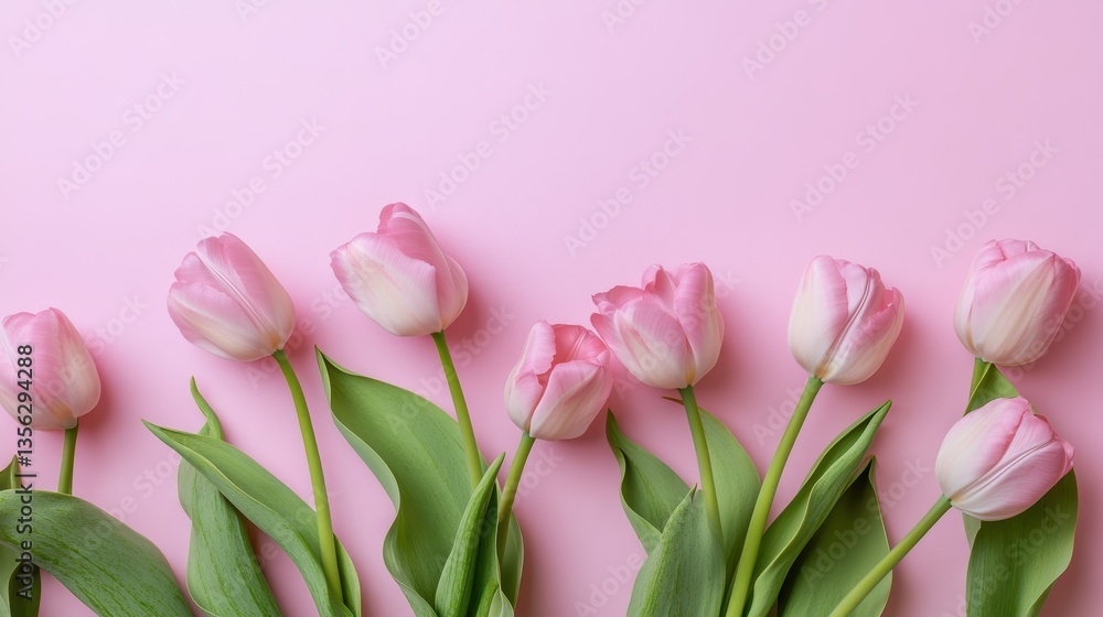 Fototapeta premium Pink tulips arranged on soft pink background, spring flowers, Mothers Day decor, floral elegance, vibrant bouquet, romantic gift, gardening, fresh blossoms.