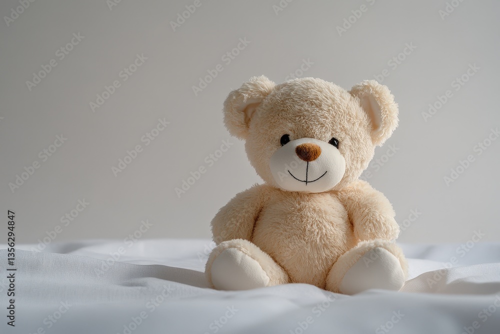 A soft and cute teddy bear sitting on a white surface A soft and cute teddy bear sitting on a white surface