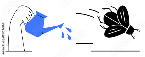Hand holding watering can splashes water towards large insect in motion. Ideal for pest control, gardening, nature challenges, problem-solving, focus, conflict, and deterrence. Flat simple metaphor