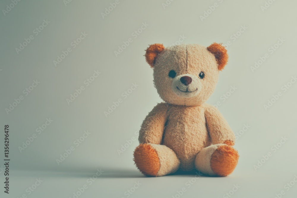 A cute teddy bear sitting and smiling on a blank surface A cute teddy bear sitting and smiling on a blank surface